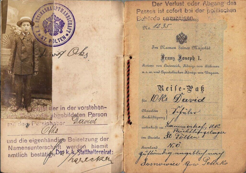 Este documento de viagem de 1916 pertenceu a um jovem refugiado judeu, mostrado em uma foto de passaporte "estilo retrato".