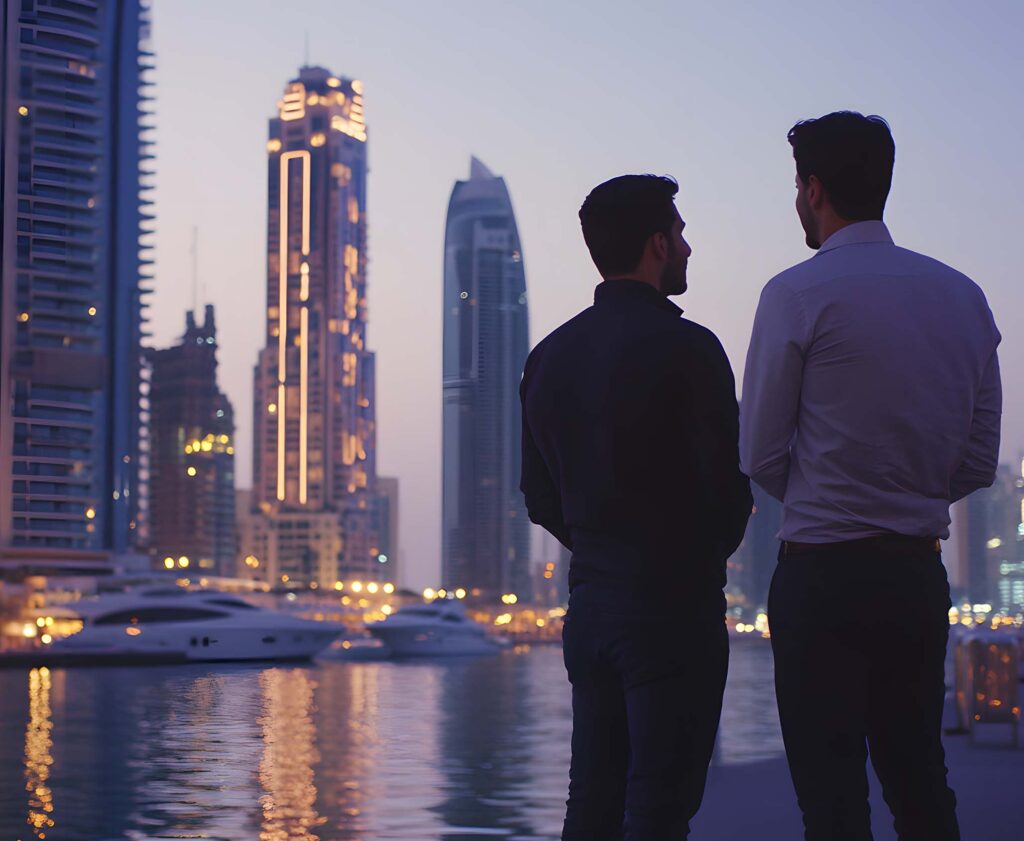Two professionals enjoying the view of Dubai