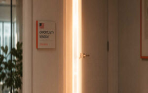 Door slightly open with warm light representing the narrowing Green Card filing window after the June 2026 Visa Bulletin