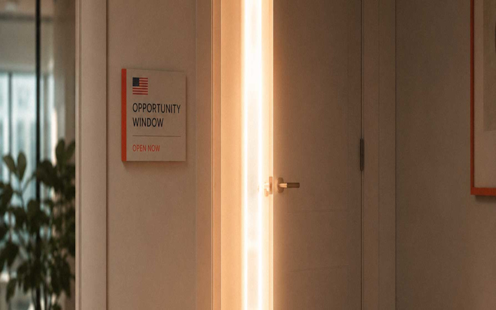 Door slightly open with warm light representing the narrowing Green Card filing window after the June 2026 Visa Bulletin